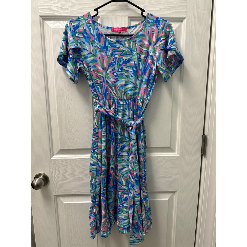 Simply‎ Southern Womens Small Multi Color Midi Dress Blue Pink Green Belt
